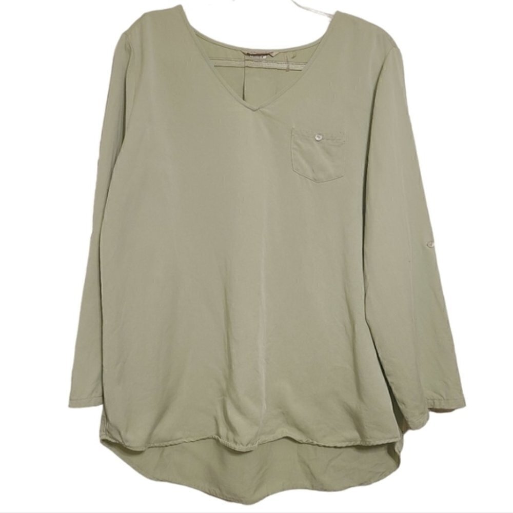 Soft Surroundings | Light Green V-Neck Tencel Tab Sleeve Tunic Top (Size Large)